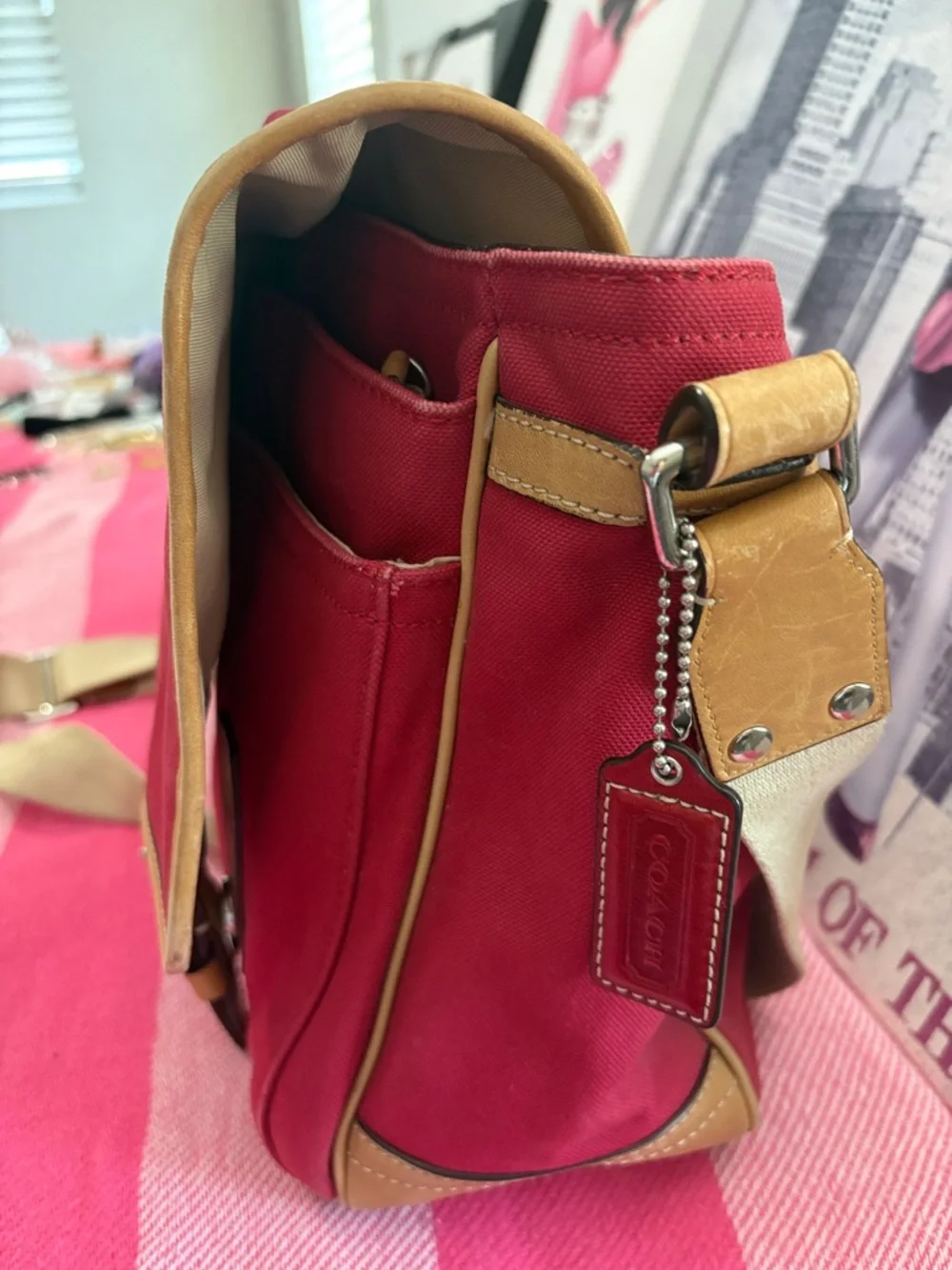 Coach Red Canvas Messenger Bag with Cream Strap and Tan Trim - Picture 5 of 12